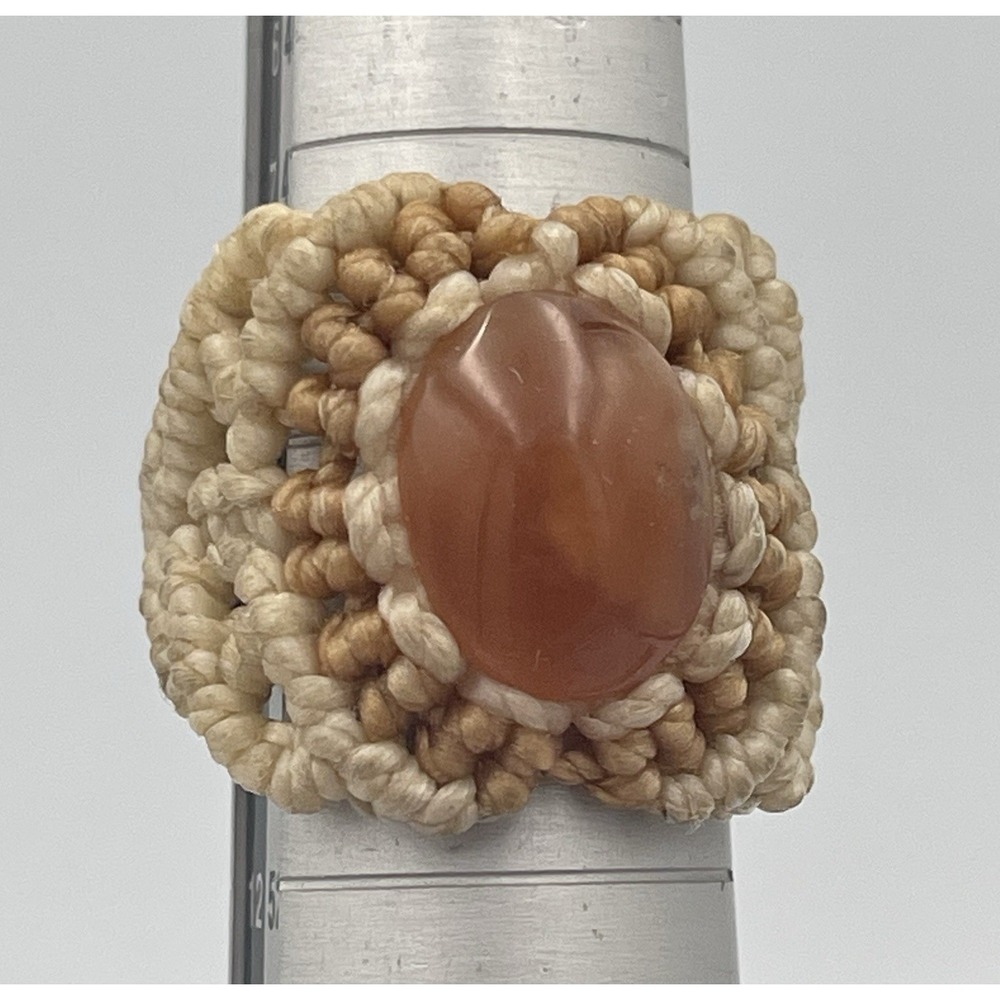 Beige Macrame Ring W/ Natural Orange Stone Handmade Bohemian Boho Beach Size 5
